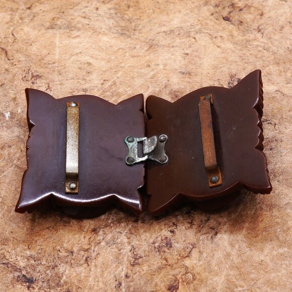 1930-50s Bakelite Elaborate Flower Carved Chocolate Brown Belt Buckle main image 9